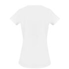 Back view of a plain white short-sleeve womens T-shirt on a white background.