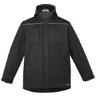 Black hooded jacket with front zipper and two pockets.