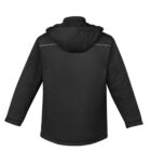 Black hooded jacket viewed from the back.