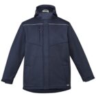 Dark blue hooded jacket with front zipper and pockets, displayed on a white background.