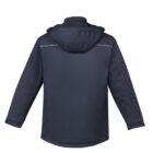Back view of a black hooded jacket with reflective lines near the shoulders.