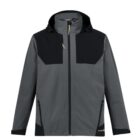Gray and black jacket with a hood and zippered pockets.