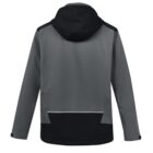 Back view of a gray and black hooded jacket with long sleeves.