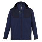 Dark blue hooded jacket with black shoulders and zippered pockets.