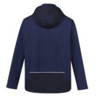 Navy blue hooded jacket with a back view and a light strip at the bottom.