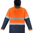 Orange and navy high-visibility jacket with reflective silver stripes and a hood.