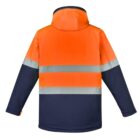 Rear view of an orange and navy jacket with reflective horizontal stripes.