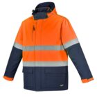 Orange and navy safety jacket with reflective stripes and multiple pockets.