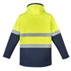 Yellow and black high-visibility jacket with reflective stripes, shown from the back.