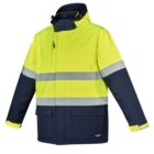 Yellow and navy high-visibility jacket with reflective stripes on a white background.