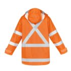 Bright orange safety jacket with reflective silver stripes on the back and hood.
