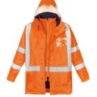 Orange reflective safety jacket with a hood and silver stripes.