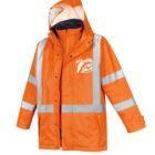 Orange high-visibility rain jacket with reflective stripes and a hood.