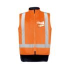 Orange safety vest with reflective silver stripes on a plain white background.