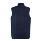 Navy blue fleece vest with a stand-up collar, viewed from the back.