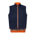 Reversible navy and orange fleece vest on a white background.