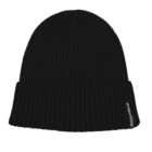 Black ribbed beanie with a folded brim and a small tag.