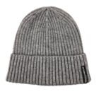 Gray ribbed knit beanie with a folded brim and a small black label.
