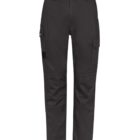 Black cargo pants with pockets, front view on a white background.