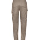 Beige cargo pants viewed from the back, featuring pockets and a logo patch.