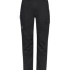 Black cargo pants with side pockets and button closure, displayed on a white background.