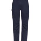 Dark blue cargo pants with multiple pockets, front view.