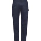Navy blue cargo pants with pockets on both sides, viewed from the back.
