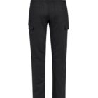 Back view of black cargo pants with pockets and a small logo on the waistband.