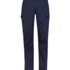 Dark blue cargo pants with side pockets on a plain white background.