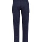 Navy blue pants with pockets, shown from the back on a white background.