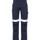 Dark blue cargo pants with reflective white and silver bands on the lower legs.