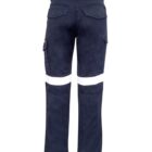 Dark work pants with reflective white stripes on the legs, viewed from the back.