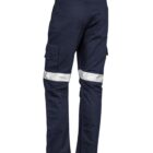Dark blue cargo pants with white reflective stripes above the knees, viewed from the back.