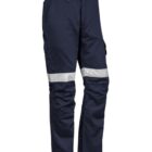 Dark blue cargo pants with reflective stripes around the knees.
