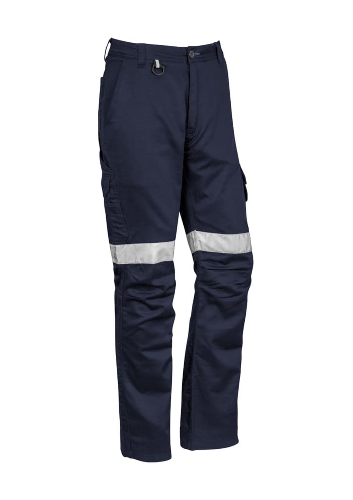 Dark blue cargo pants with reflective stripes around the knees.