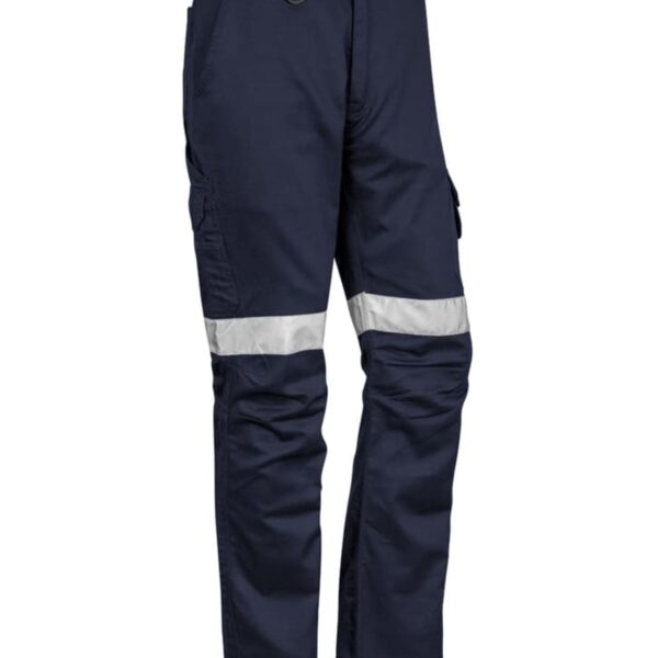 Dark blue cargo pants with reflective silver stripes on the legs.