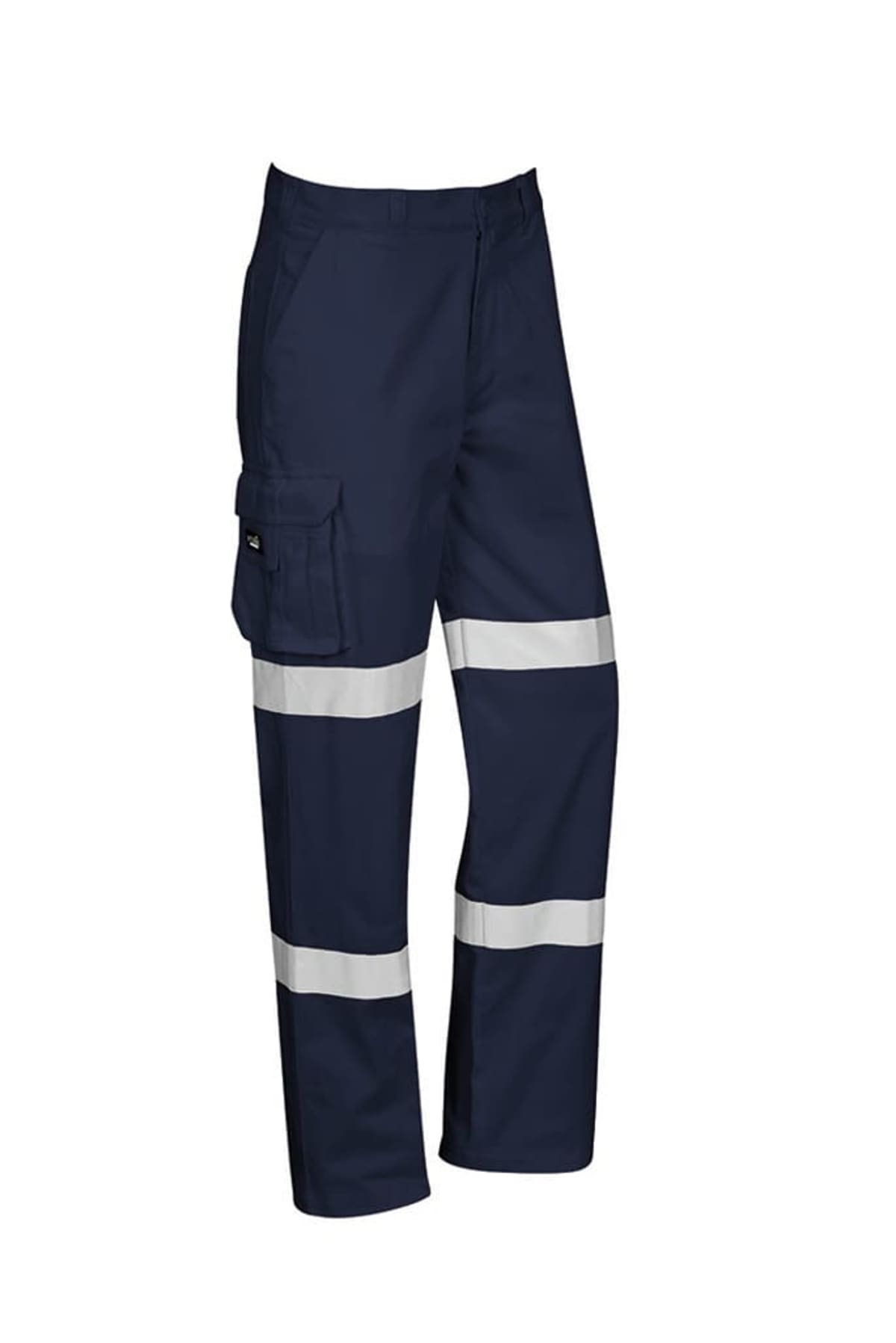 Dark blue work pants with white reflective bands on the legs.