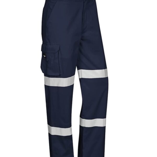 Dark blue work pants with white reflective stripes and a side pocket on a plain background.