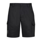 Black cargo shorts with multiple pockets, front view.