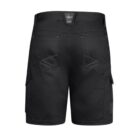 Black cargo shorts, back view, with multiple pockets and belt loops.