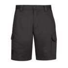 Black cargo shorts with side pockets and a button closure.
