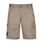 Khaki cargo shorts with side pockets and a button closure, displayed on a white background.