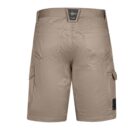 Beige cargo shorts with multiple pockets and a black label on the back waistband.