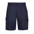Dark blue cargo shorts with multiple pockets and button closure.