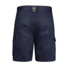 Navy blue cargo shorts with multiple pockets, back view.