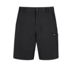 Black casual shorts with a button closure and side pockets, isolated on a white background.