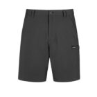 Gray cargo shorts with button closure and side pocket detail.