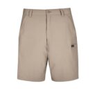 Beige cargo shorts with a button closure and side pocket.