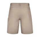 Back view of beige shorts with pockets and belt loops.