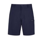 Navy blue shorts with belt loops, button, and a side label.